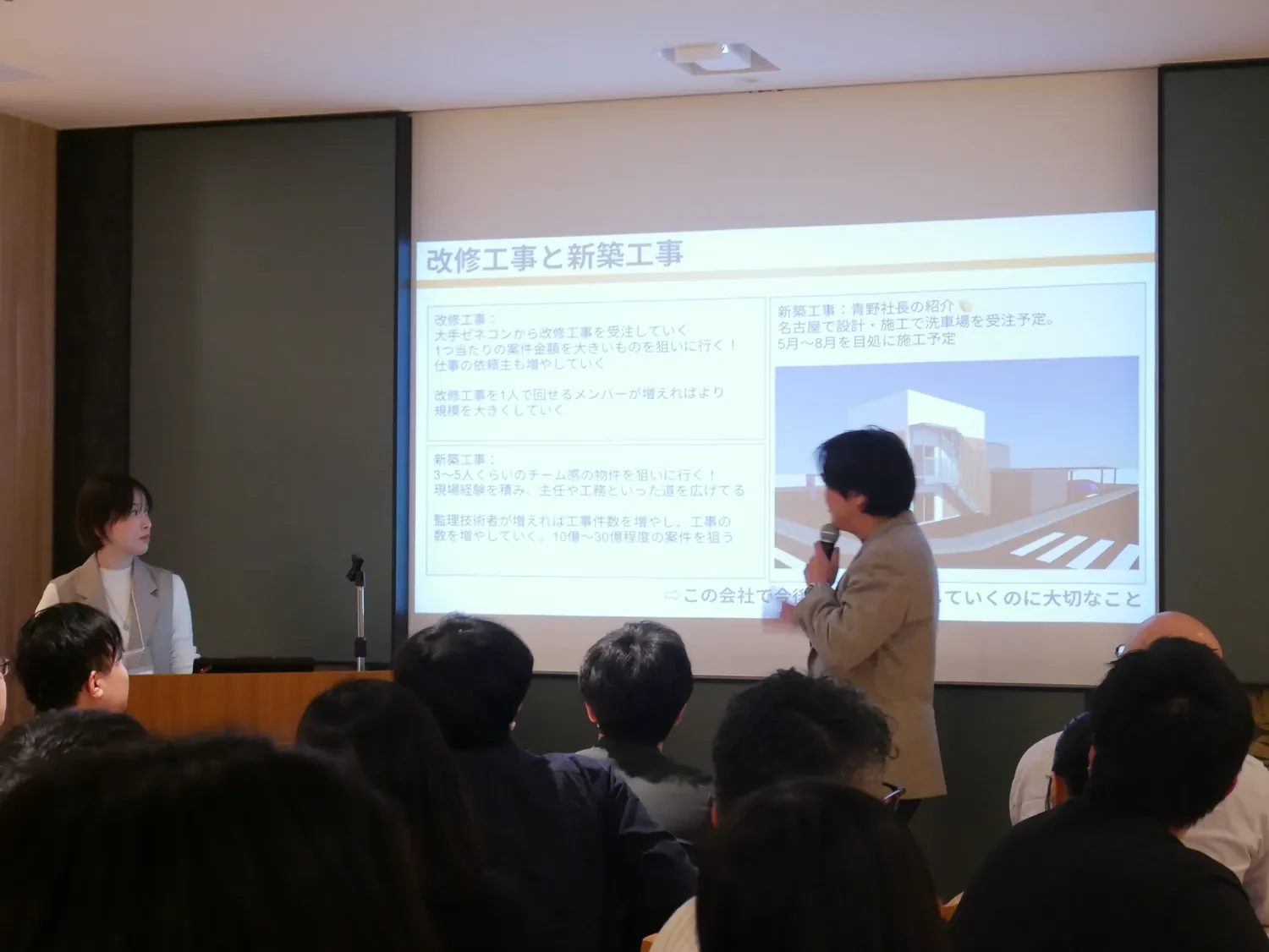 建設事業について発表しながら対話する風景